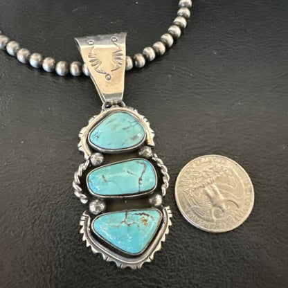 Navajo Blue Kingman Turquoise 3-Stone Cluster Pendant | Sterling Silver | Authentic Native American Handmade | 17631