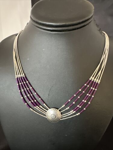 Navajo Purple Sugilite Heishi Concha Necklace | 5 Strand Liquid Sterling Silver | 20" | 15877