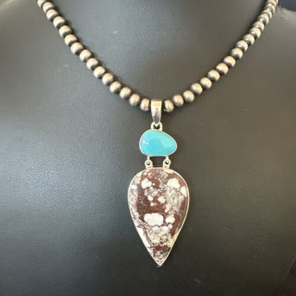 Navajo Wild Horse | Blue Kingman Turquoise Necklace | Sterling Silver | Authentic Native American Handmade | 17304