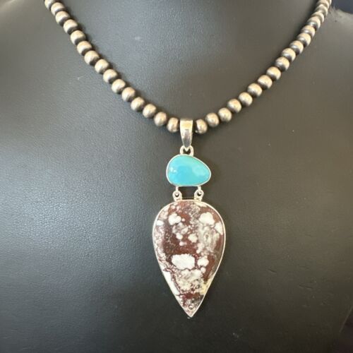 Navajo Wild Horse | Blue Kingman Turquoise Necklace | Sterling Silver | Authentic Native American Handmade | 17304
