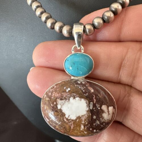Navajo Wild Horse Blue Kingman Turquoise Necklace | Sterling Silver | 17337