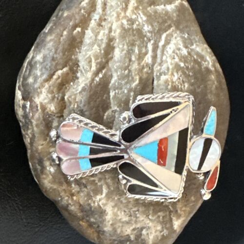 Zuni Turquoise Onyx Peyote Bird Inlay Ring | Sterling Silver | Sz 7 | Authentic Native American Handmade | 15390