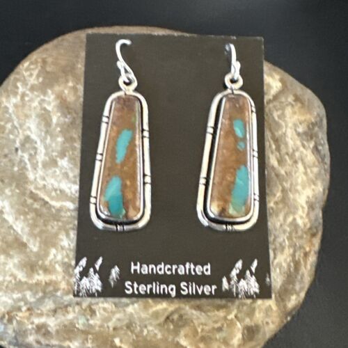 Navajo Blue Boulder Turquoise Dangle Earrings | Sterling Silver | Authentic Native American Handmade | 16499