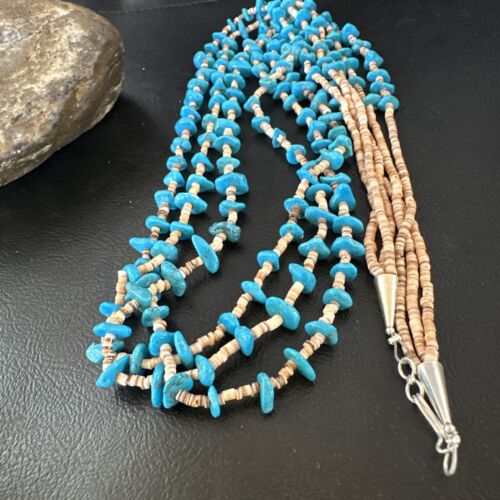 Navajo Blue Kingman Turquoise Shell Heishi Necklace | Sterling Silver | 30" | Authentic Native American Handmade | 16070