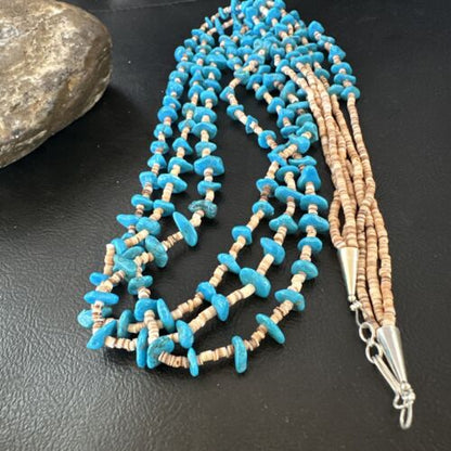 Navajo Blue Kingman Turquoise Shell Heishi Necklace | Sterling Silver | 30" | Authentic Native American Handmade | 16070