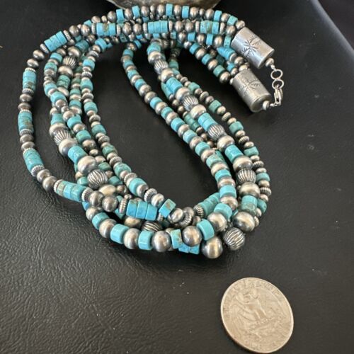 Navajo Sterling Silver 5 Strand 8mm Turquoise Heishi Necklace & Earrings Set | 20" | 17184