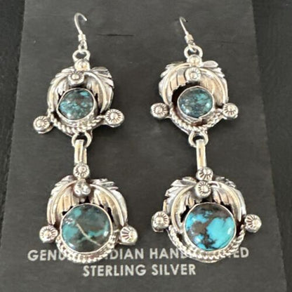Navajo Blue Spiderweb Turquoise Dangle Earrings | Sterling Silver | Authentic Native American Handmade | 16012