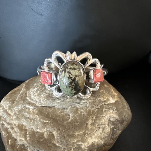 Navajo Green Turquoise & Coral Tufa Cast Cuff Bracelet | Sterling Silver | Authentic Native American Handmade | 16777