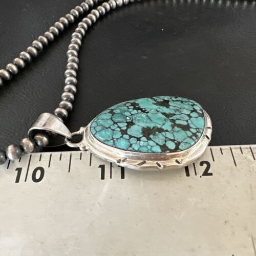 Men's Navajo Blue Spiderweb Turquoise Pendant Necklace | Sterling Silver | Authentic Native American Handmade | 16198