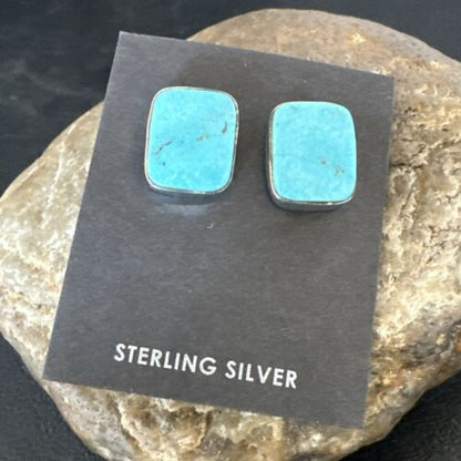 Navajo Blue Kingman Turquoise Post Stud Earrings | Sterling Silver | Authentic Native American Handmade | 17469