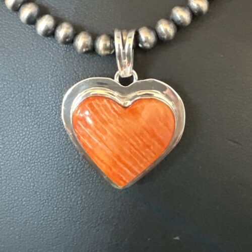 Navajo Orange Heart Spiny Oyster Pendant | Sterling Silver Necklace | Authentic Native American Handmade | 15014