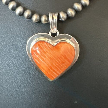 Navajo Orange Heart Spiny Oyster Pendant | Sterling Silver Necklace | Authentic Native American Handmade | 15014