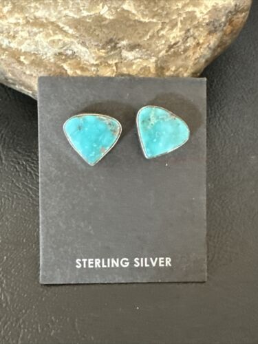 Navajo Blue Kingman Turquoise Post Stud Earrings | Sterling Silver | Authentic Native American Handmade | 17480