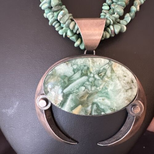Navajo Green Turquoise Chrysoprase Naja Pendant Necklace | Sterling Silver | Authentic Native American Handmade | 16064
