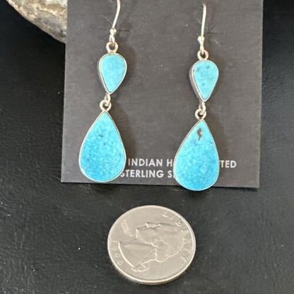 Navajo Blue Kingman Turquoise Dangle Earrings | Sterling Silver | Authentic Native American Handmade | 15110