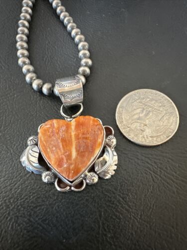 Navajo Orange Spiny Oyster Heart Pendant Necklace | Sterling Silver | Authentic Native American Handmade | 16425