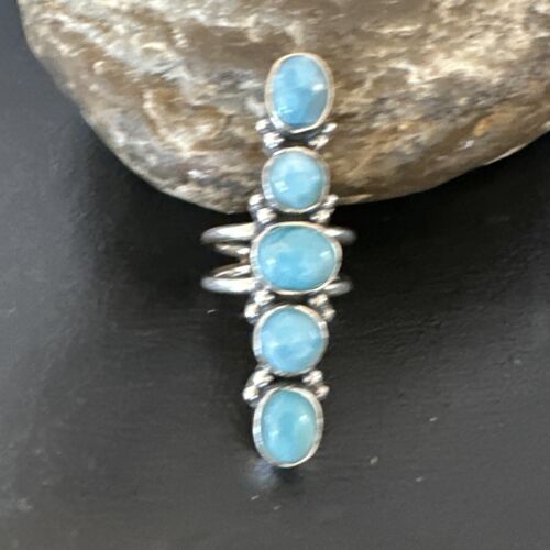 Navajo Women's Cluster Blue Larimar Ring | Authentic Native American Sterling Silver | Multi-Stone | Sz 7.5 | 15953