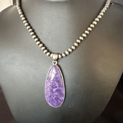 Navajo Pearls Purple Sugilite Pendant Necklace | Sterling Silver Beads | Authentic Native American Handmade | 15510