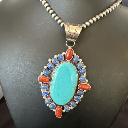 Navajo Blue Kingman Turquoise Coral Lapis Pendant Necklace | Sterling Silver | 17150