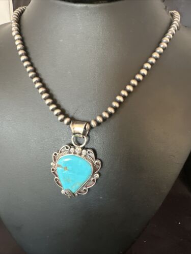 Navajo Blue Turquoise Pendant Necklace | Sterling Silver Pearls | Authentic Native American Handmade | 15638
