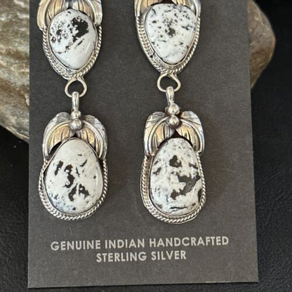 Navajo White Buffalo Turquoise Dangle Earrings | Sterling Silver | 2.5" | Authentic Native American Handmade | 14741