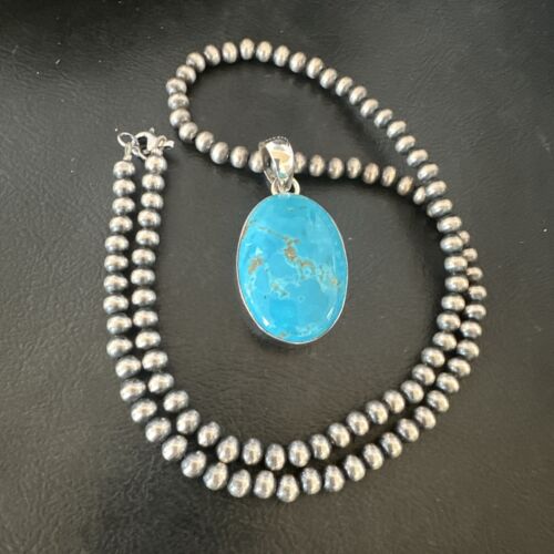 Navajo Blue Kingman Turquoise Pendant Necklace | Sterling Silver | 20" | Authentic Native American Handmade | 16687