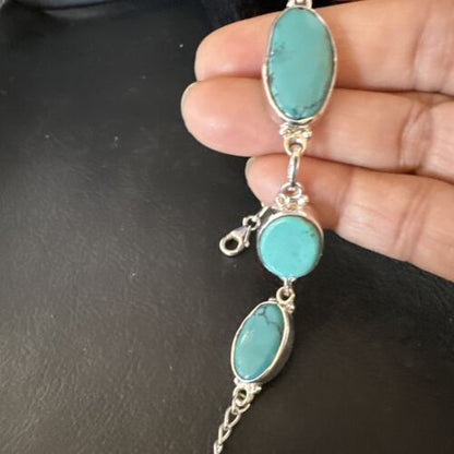Navajo Blue Turquoise Link Bracelet | Sterling Silver | 8" | Authentic Native American Handmade | 15467