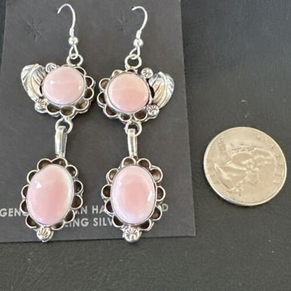 Navajo Pink Conch Shell Dangle Earrings | Sterling Silver | Authentic Native American Handmade | 17214