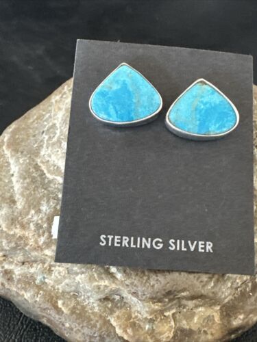 Navajo Blue Kingman Turquoise Post Stud Earrings | Sterling Silver | Authentic Native American Handmade | 17482