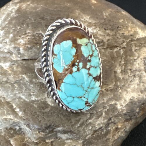 Men's & Women's Blue Turquoise #8 Navajo Ring | Sterling Silver | Sz 9.5 | Authentic Native American Handmade | 16639