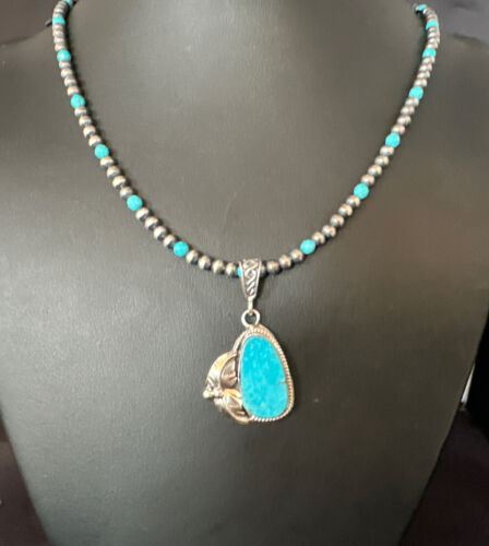 Navajo Pearls Kingman Turquoise Pendant Necklace | Sterling Silver | Authentic Native American Handmade | 14889