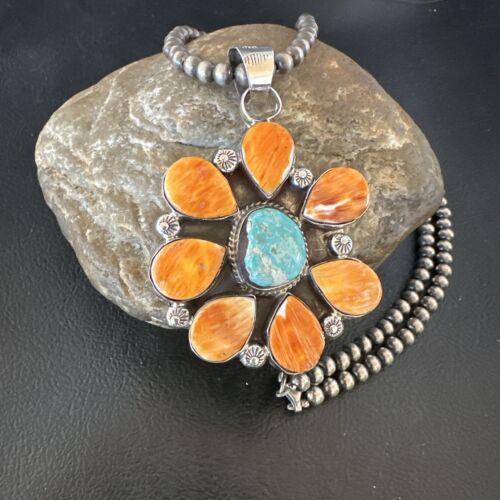 Navajo Blue Turquoise | Spiny Oyster Pendant Necklace | Sterling Silver | Multi-Stone | 16861