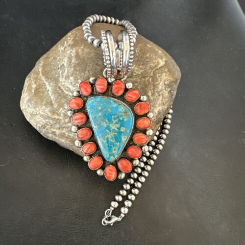 Navajo Turquoise Spiny Oyster Cluster Pendant Necklace | Sterling Silver | Native American Handmade | 17151 - Masha USA