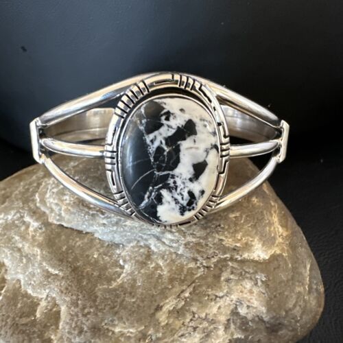 Navajo White Buffalo Turquoise Cuff Bracelet | Sterling Silver | Authentic Native American Handmade | 16251