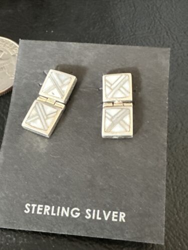 Navajo White Buffalo Turquoise Inlay Post Earrings | Sterling Silver | Authentic Native American Handmade | 15312
