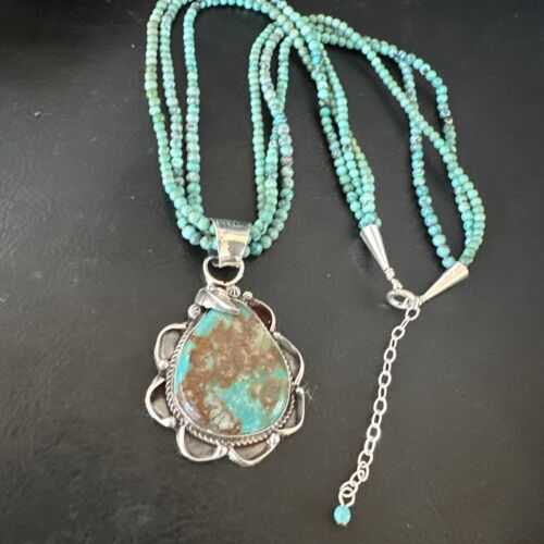 Navajo Blue Turquoise Pendant | Sterling Silver 3-Strand Bead Necklace | 17" | Authentic Native American Handmade | 15995