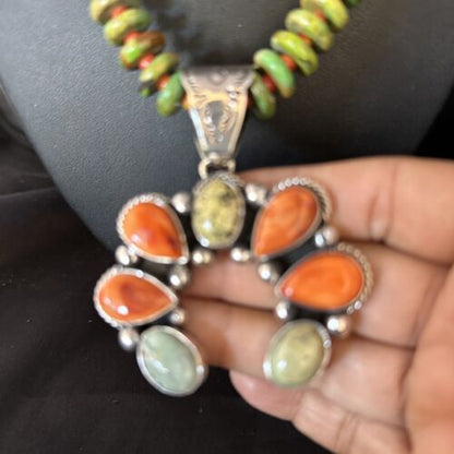 Navajo Turquoise & Spiny Naja Pendant Necklace | Sterling Silver | Native American Handmade | 14234