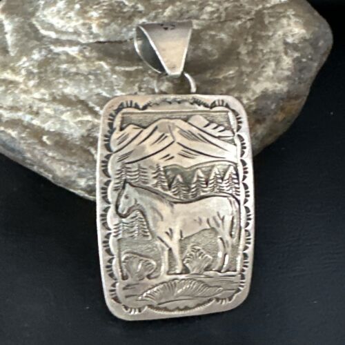 Navajo Stamped Horse Pendant Necklace | Sterling Silver | 2.5" | Authentic Native American Handmade | 15171