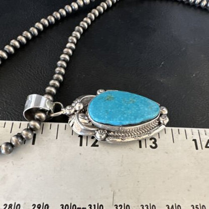 Navajo Kingman Turquoise Pendant Necklace | Sterling Silver Pearls | Authentic Native American Handmade | 15210