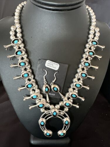 Navajo Kingman Turquoise Shadowbox Squash Blossom Necklace | Sterling Silver | Authentic Native American Handmade | 16088