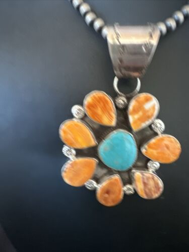 Navajo Blue Turquoise | Spiny Oyster Pendant Necklace | Sterling Silver | Multi-Stone | 16834
