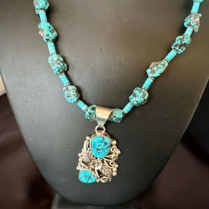 Navajo Kingman Turquoise Nugget Pendant | Sterling Silver Necklace | Multi-Stone | 21" | 17507