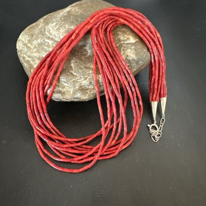 Red Apple Coral Heishi 10-Strand Necklace | Liquid Sterling Silver | 18" | 16913