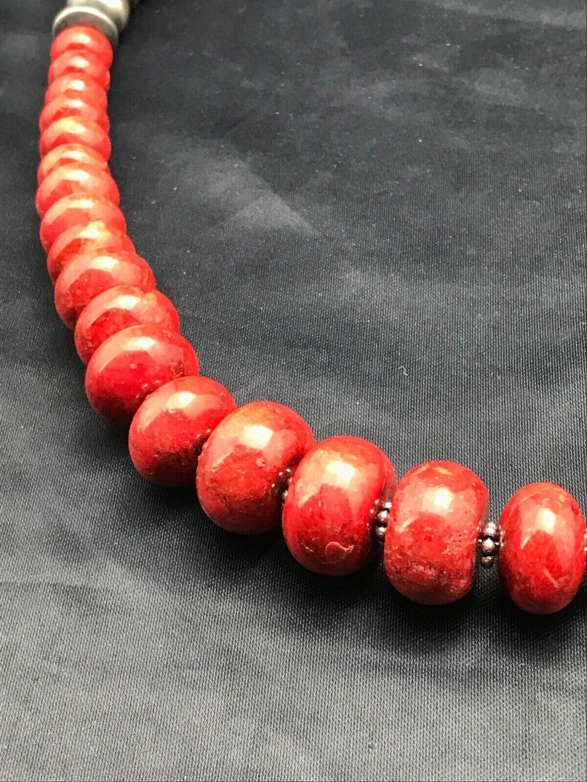 Navajo Sterling Silver Necklace with Apple Sponge Coral Beads | Authentic Native American Jewelry | 25" | 3262
