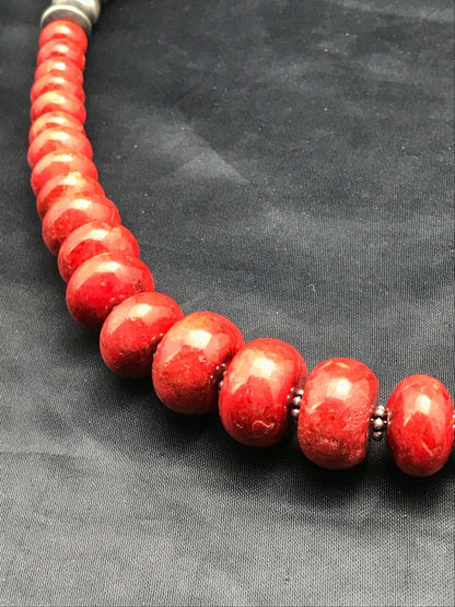 Navajo Sterling Silver Necklace with Apple Sponge Coral Beads | Authentic Native American Jewelry | 25" | 3262