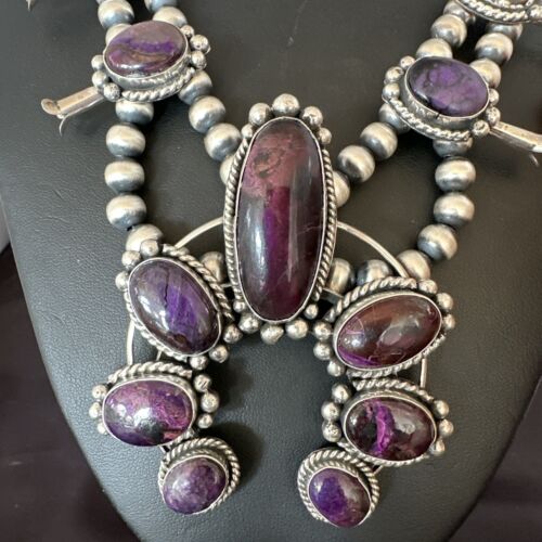 Navajo Purple Sugilite Squash Blossom Naja Pendant | Sterling Silver | Native American Handmade | 17206
