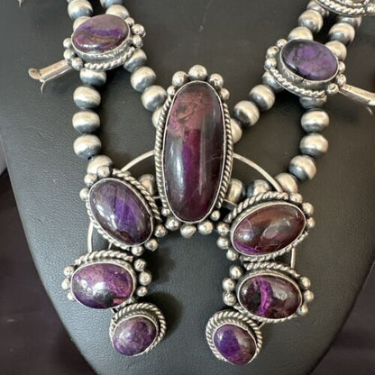Navajo Purple Sugilite Squash Blossom Naja Pendant | Sterling Silver | Native American Handmade | 17206