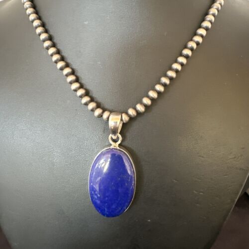 Navajo Blue Lapis Pendant with Pearls | Sterling Silver Necklace | 20" | Authentic Native American Handmade | 16661