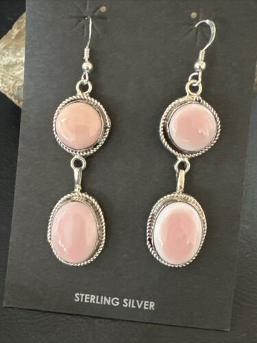 Navajo Pink Conch Shell Dangle Earrings | Sterling Silver | Authentic Native American Handmade | 17200