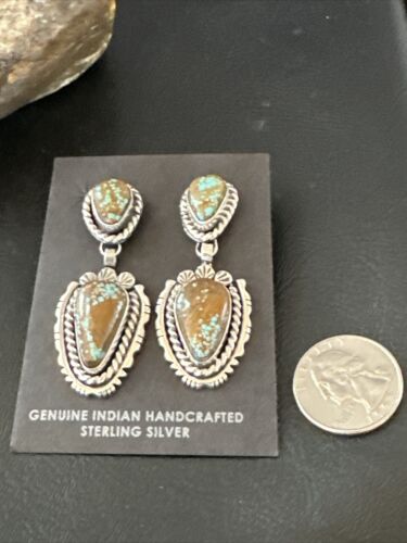 Navajo Blue Turquoise #8 Dangle Earrings | Sterling Silver | Authentic Native American Handmade | 17494